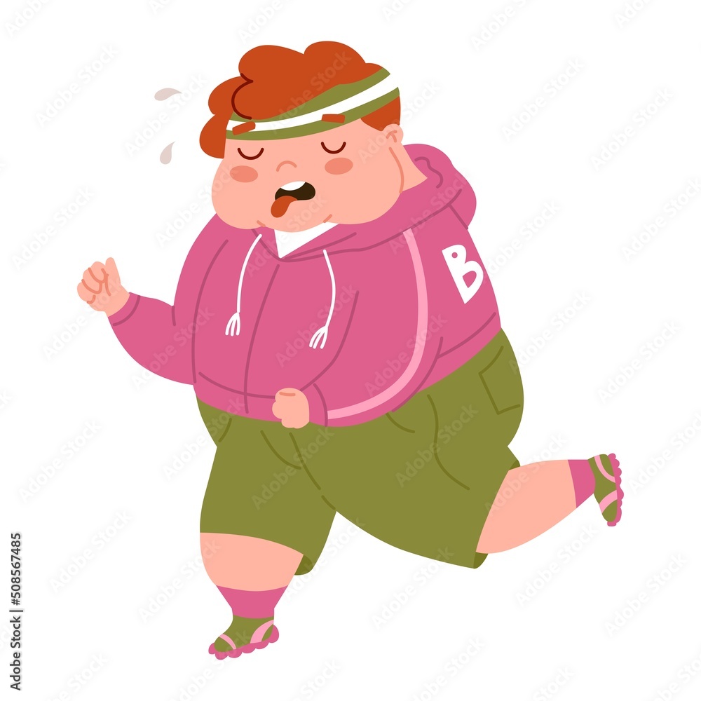 Childhood obesity. Overweight little boy runs for weight loss. Child suffering from hard sports training. Diseases of the gastrointestinal tract. Fat kid. Flat style in Vector illustration.