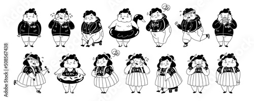 Childhood obesity. Collection of characters on the theme of overweight. Stop children's overeating. Girl and boy suffering from corpulence. Diseases of the gastrointestinal tract. Vector illustration.