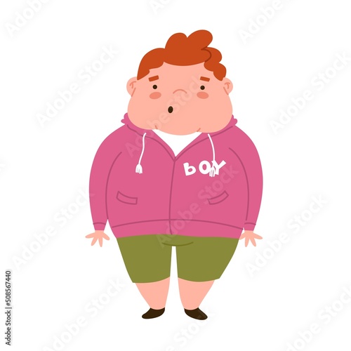 Sad boy in depression, sits on a bench. Shame for obesity. The fat child is suffering. Stop children's overeating. Diseases of the gastrointestinal tract. Flat style in vector illustration.