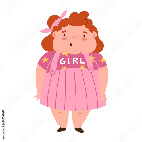 Sad girl in depression, sits on a bench. Shame for obesity. The fat child is suffering. Stop children's overeating. Diseases of the gastrointestinal tract. Flat style in vector illustration.