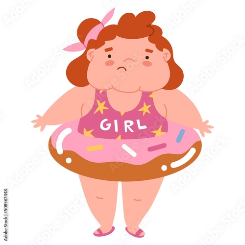 A fat girl on the beach with a life buoy is ashamed of her extra weight. Shame for obesity. Stop children's overeating. Diseases of the gastrointestinal tract. Flat style illustration.