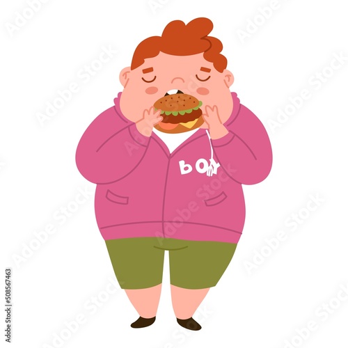 Fat Boy is eating a hamburger. Children's healthcare. Fight against childhood obesity. Diseases of the gastrointestinal tract. Wrong nutrition. Flat style in vector illustration.