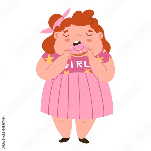 Fat girl is eating a donut. Children's healthcare. Fight against childhood obesity. Diseases of the gastrointestinal tract. Wrong nutrition. Flat style in vector illustration.