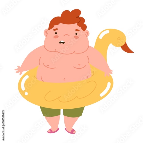 A fat boy on the beach with a life buoy is ashamed of her extra weight. Shame for obesity. Stop children's overeating. Diseases of the gastrointestinal tract. Flat style illustration.