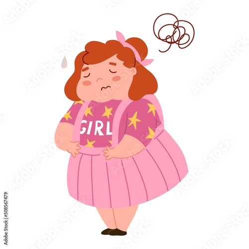 Diseases of the gastrointestinal tract. Sad girl holding her stomach in pain. Shame for obesity. The fat child is suffering. Stop children's overeating. Flat style in vector illustration.