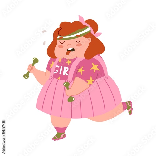 Childhood obesity. Overweight little girl runs for weight loss. Child suffering from hard sports training. Diseases of the gastrointestinal tract. Fat kid. Flat style in Vector illustration.