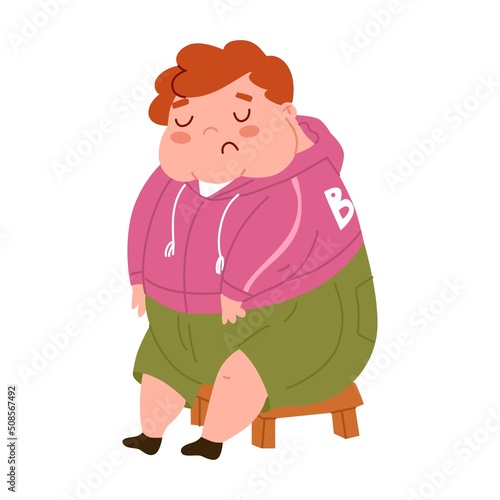 Sad boy in depression  sits on a bench. Shame for obesity. The fat child is suffering. Stop children s overeating. Diseases of the gastrointestinal tract. Flat style in vector illustration.