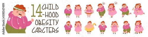 Childhood obesity. Collection of characters on the theme of overweight. Stop children's overeating. Girl and boy suffering from corpulence. Diseases of the gastrointestinal tract. Vector illustration.