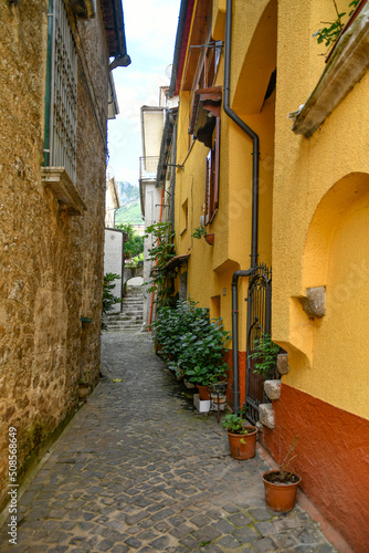 Fototapeta Naklejka Na Ścianę i Meble -  A narrow street between the old houses of Petina, a village in the mountains of Salerno province, Italy.