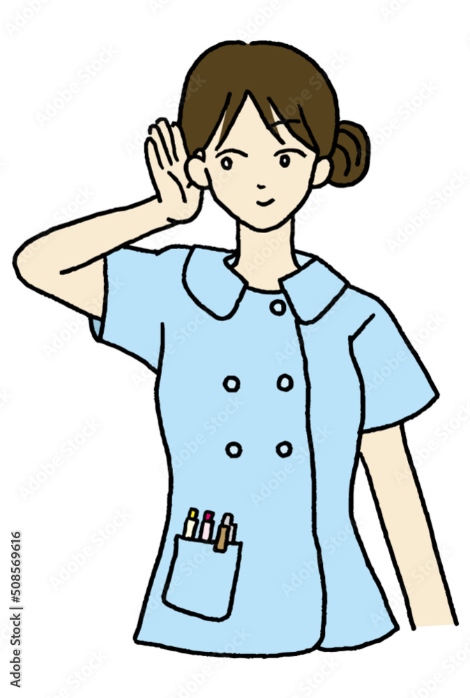 聞き耳を立てる女性看護師 聞き耳を立てる女性看護師