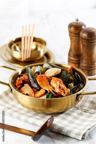 Mix Spicy Seafood Soup on Golden Pan