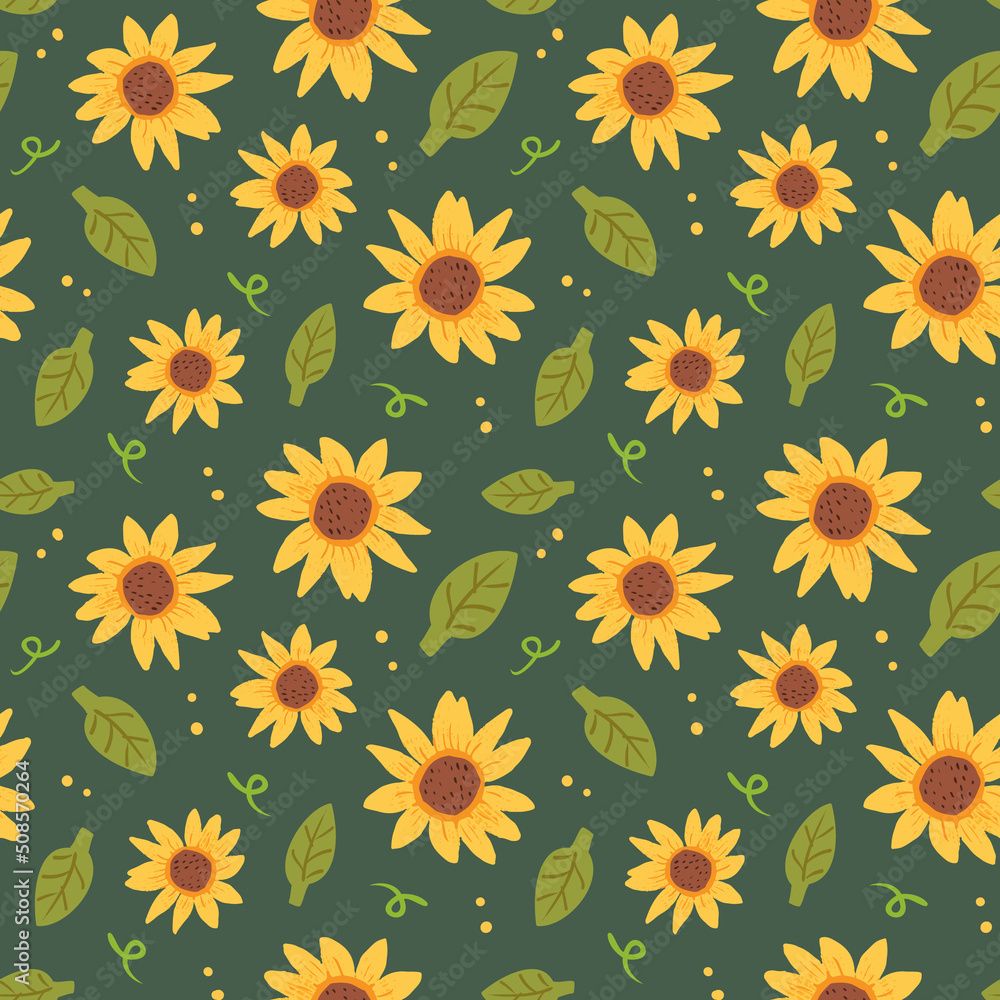 Seamless Pattern with Hand Drawn Sunflower Design on Deep Green Background Seamless Pattern with Hand Drawn Sunflower Design on Deep Green Background