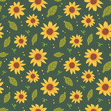 Seamless Pattern with Hand Drawn Sunflower Design on Deep Green Background