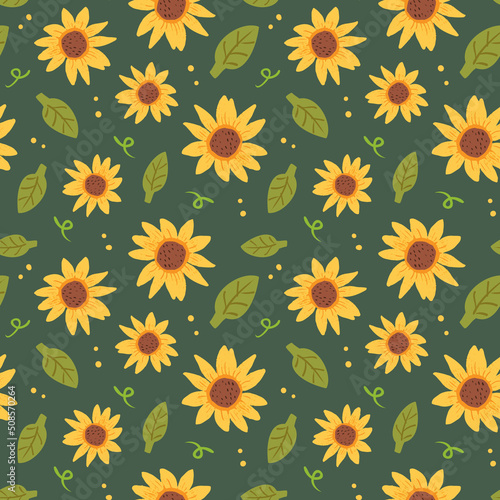 Seamless Pattern with Hand Drawn Sunflower Design on Deep Green Background