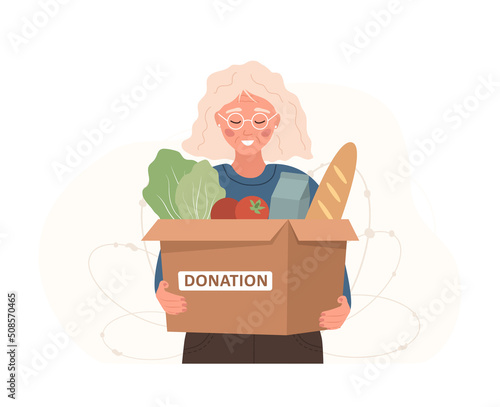 Food donation. Elderly woman holding in hands cardboard box full of different products. Volunteering and social care concept. Support for poor people. Vector illustration in flat cartoon style.