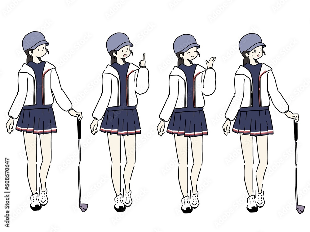 ゴルフポーズセット ゴルフウェア 女性全身イラストセット ゴルフポーズセット ゴルフウェア 女性全身イラストセット