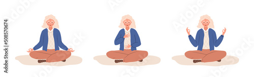 Abdominal breathing. Elderly woman practicing belly breathing for relaxation. Breath awareness yoga exercise. Meditation for body, mind and emotions. Spiritual practice. Cartoon vector illustration.