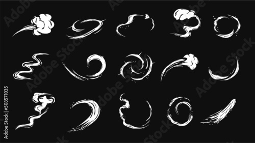 Wind gusts and dust whirlwinds. White spirals and whirlpools of weather flows curved ornament of wind swirls and vector bursts