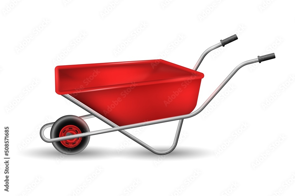 Red realistic wheelbarrow. Working device for hauling trash and helping with gardening convenient technical design for cargo and major help in household vector work Red realistic wheelbarrow. Working device for hauling trash and helping with gardening convenient technical design for cargo and major help in household vector work