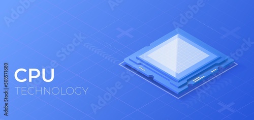 CPU chip isometric illustration. Computer processor component. Semiconductor technology concept. Futuristic microchip core.