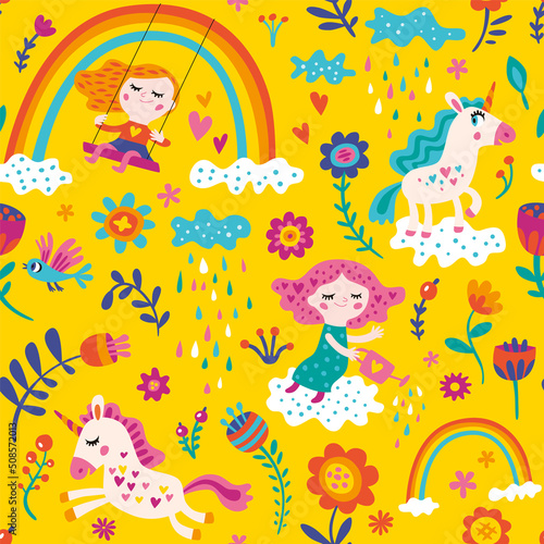 Seamless pattern with fairies and unicorns for girl. Vector isolated illustrations on a yellow background.