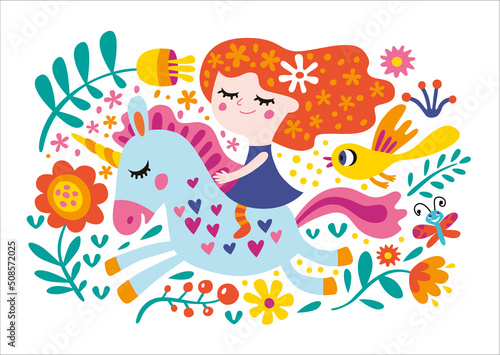 Card for girl. Vector isolated illustration with beautiful fairy and unicorn on a white background. 