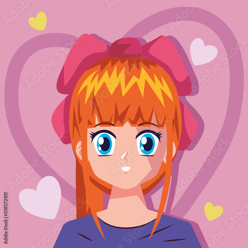 anime redhead girl with hearts