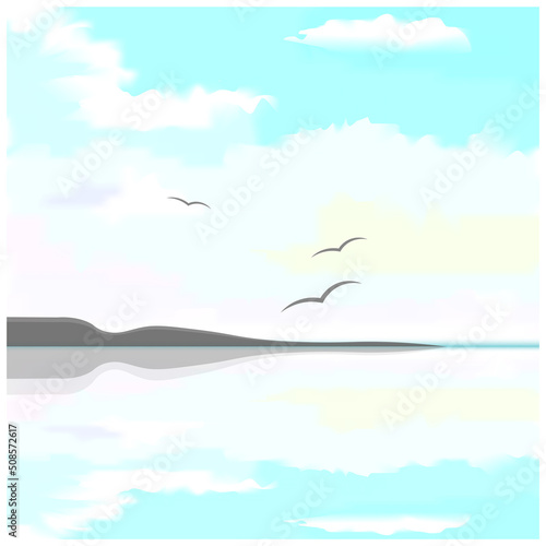 Ocean view minimalist background in pastel colours with mountains and seagulls . Resort advertizing design. Vector illustration, concept for card, banner print.