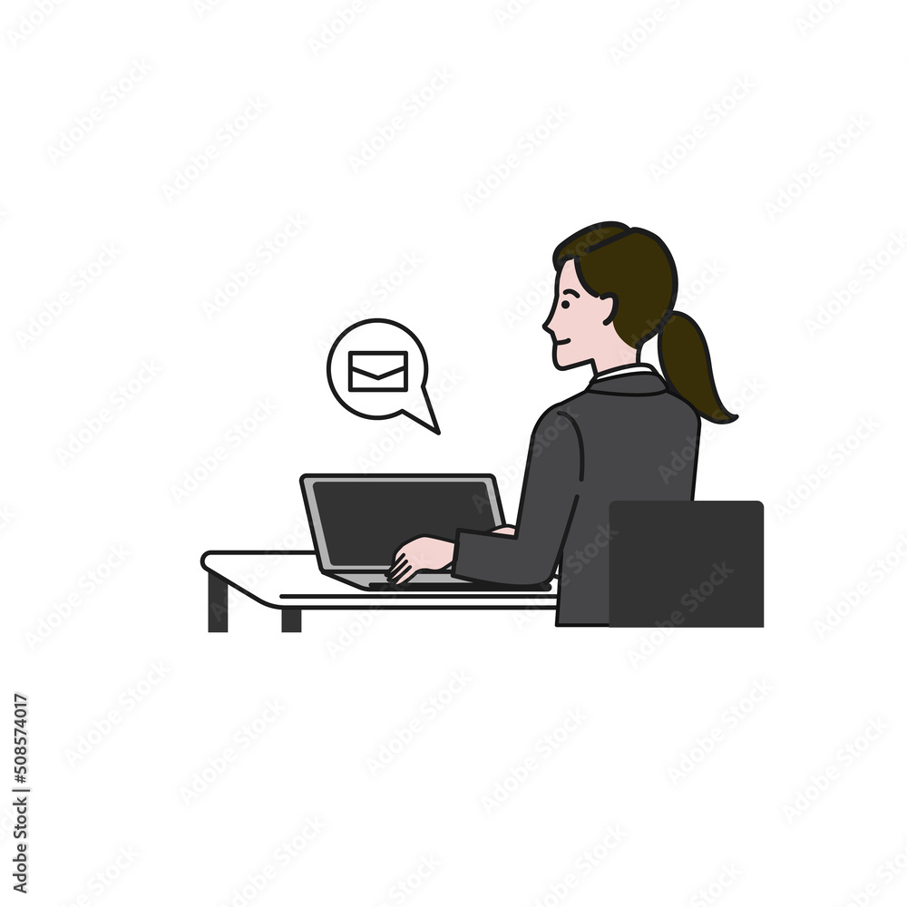 パソコンに向かい座りメールをする人の白バックの線画ベクターイラスト