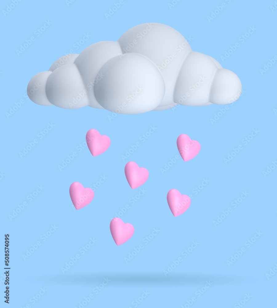 White cloud with rain of pink hearts on blue background. 3D rendering