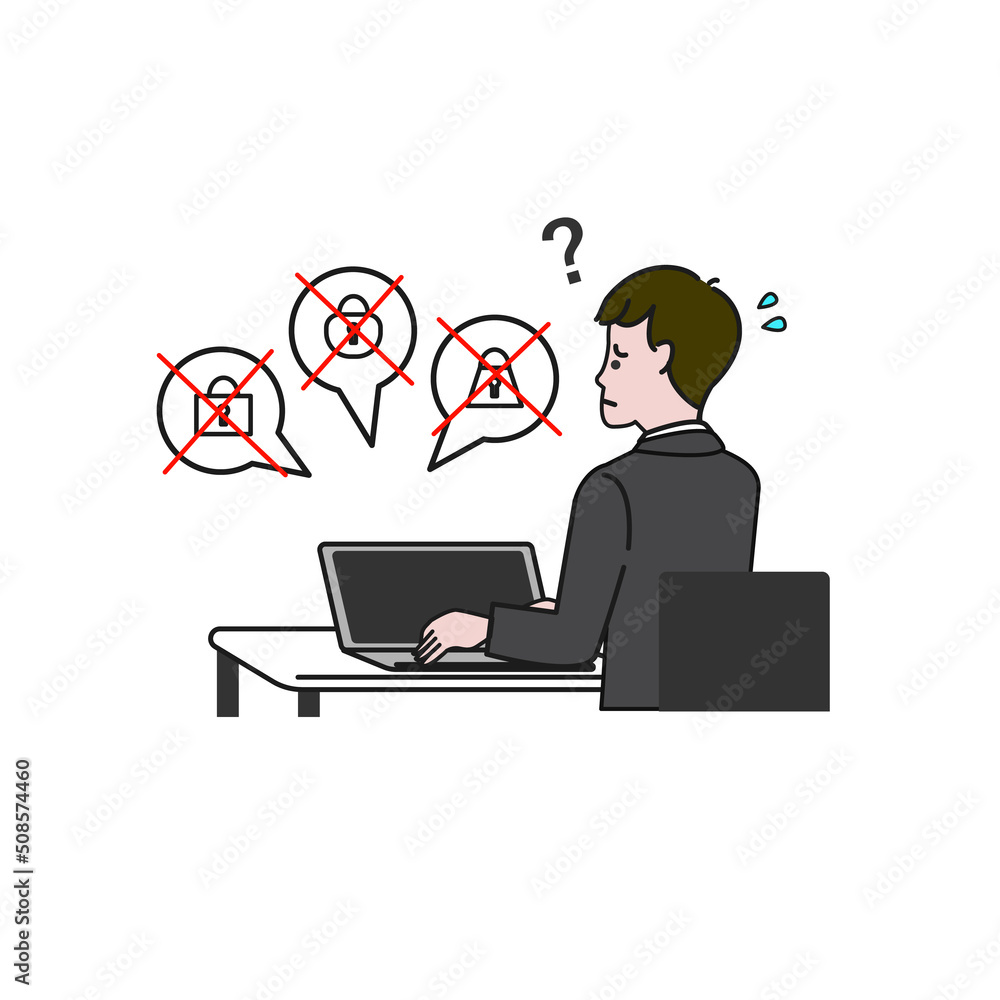 パソコンの前に座りパスワードを忘れて困っている人の線画の白バックベクターイラスト パソコンの前に座りパスワードを忘れて困っている人の線画の白バックベクターイラスト