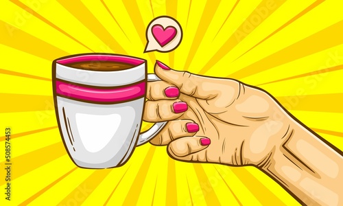 Woman hold coffee mug cartoon hand draw illustration 