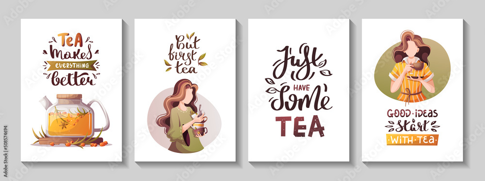 Set of cards with women, sea backthorn tea, handwritten quotes. Tea shop, cafe-bar, tea lover, beverages concept. A4 vector illustration for poster, banner, cover, card, postcard. 