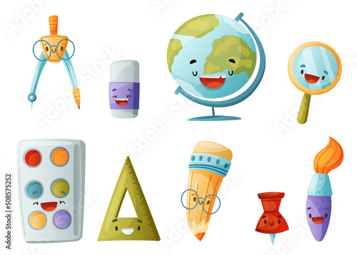 Funny School Items with Smiling Faces as Cartoon Education Supply Vector Set