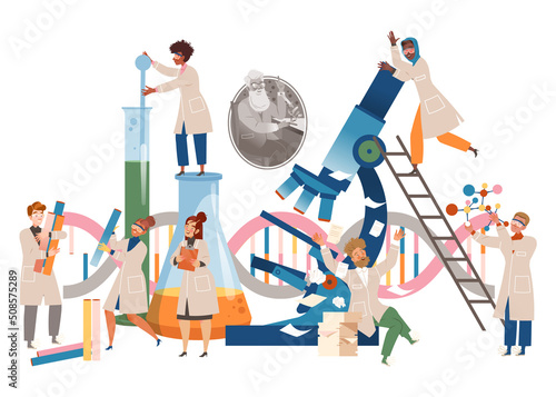 People Scientist with Huge Microscope and Glass Flask Conducting Scientific Research Vector Illustration