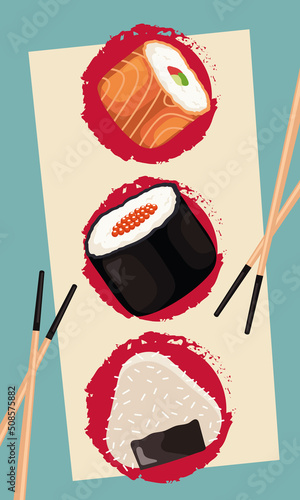 three sushi and chopsticks photo