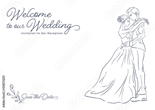 結婚式の招待状. ドレスアップした新郎新婦のイラスト. カードデザイン. 白背景に線画の挿絵.