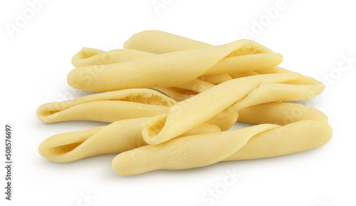 Typical Calabrian pasta called Maccheroncini also known as Maccheroni isolated on white background with full depth of field.