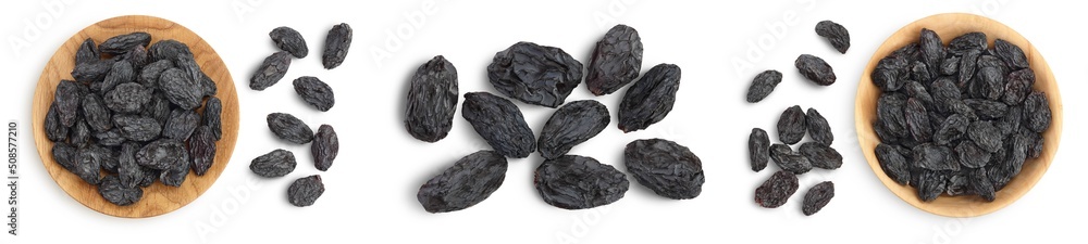 Black raisin isolated on white background. Top view. Flat lay, Set or collection Black raisin isolated on white background. Top view. Flat lay, Set or collection