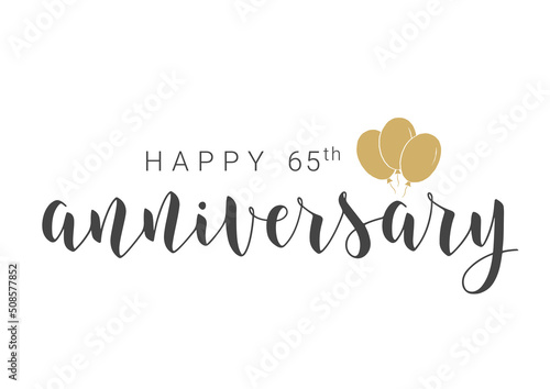 Vector Illustration. Handwritten Lettering of Happy 65th Anniversary. Template for Banner, Card, Label, Postcard, Poster, Sticker, Print or Web Product. Objects Isolated on White Background.