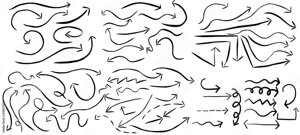 Set of different grunge brush arrows, pointers.Hand drawn paint object for design use. Set of different grunge brush arrows, pointers.Hand drawn paint object for design use.