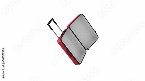 3D rendering Animation, Close up rotating empty red suitcase then open up, blank space for your copy or design, isolated white background.