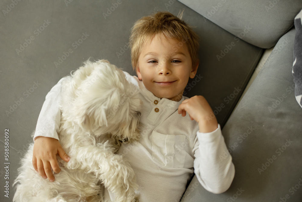 Cute blond child, toddler boy, lying on the couch with his pet dog Cute blond child, toddler boy, lying on the couch with his pet dog