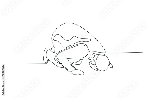 One continuous line drawing of A Muslim prostrates to his god. Islamic Prayer Concept. Single line draw design vector graphic illustration.