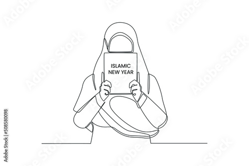 One continuous line drawing of Muslim woman holding Islamic New Year's book in her hand. Happy Islamic new Year. Single line draw design vector graphic illustration.