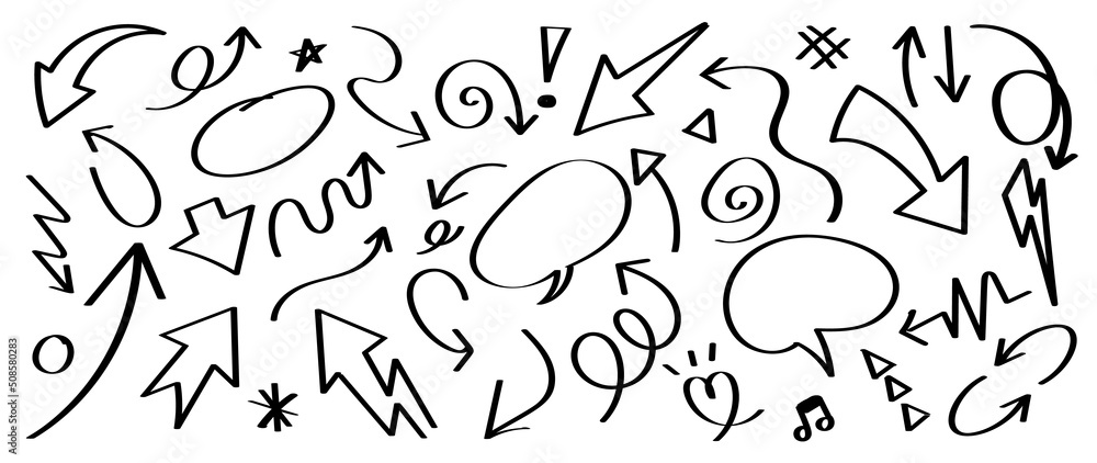 Set of black hand drawn arrow element vector. Collection of doodle ...
