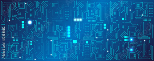 Blue circuit electronic or electrical line with circle engineering technology concept vector background