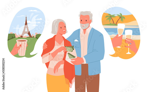 Old people saving money for future travel vacation vector illustration. Cartoon happy grandmother and grandfather holding envelope with currency to save and plan family budget isolated on white