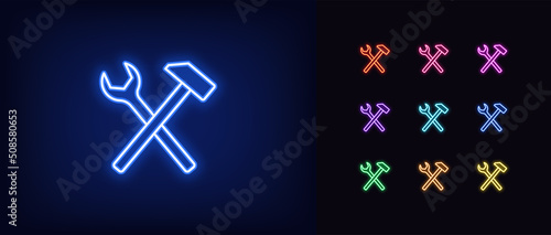 Outline neon repair icon. Glowing neon wrench and hammer sign, service tool pictogram. Repair and maintenance