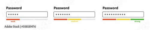 Password weak, medium and strong interface. Password form template for website. Digital security bar. Safety requirement. App design layout interface. Vector illustration isolated on white background.